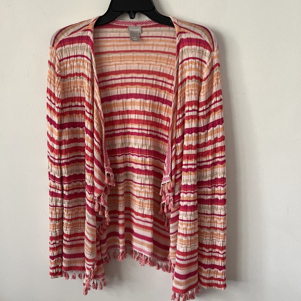 Chico's Women's Open Cardigan 2 Colorful Striped Tassel Fringe Boho Coastal Art